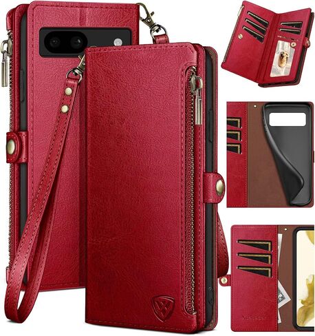 XcaseBar for Google Pixel 8A Wallet case with Zipper Credit Card Holder【RFID Blocking】, Flip Folio Book PU Leather Phone case Shockproof Cover Women Men for Pixel 8A case Wine Red in Saudi Arabia