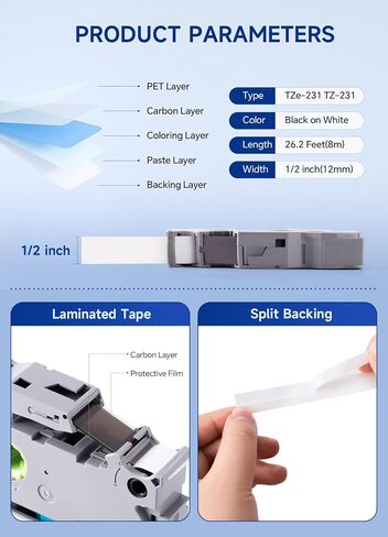 شريط استبدال P Touch متوافق مع شريط Brother TZ TZe TZe-231 TZe231، شريط لاصق أبيض مصفح 12 مم 0.47 بوصة يعمل مع Brother PT-D220 PT-D210 PTH110 PT-D410 PT-1880، أسود على أبيض - عبوة واحدة in Kuwait