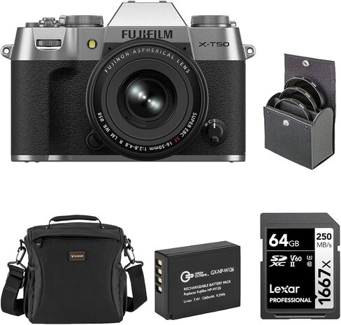 Fujifilm X-T50 Mirrorless Camera with XF 16-50mm f/2.8-4.8 R LM WR Lens, Silver, Bundle with Li-Ion Battery, 64GB SDXC Memory Card and 58mm Filter Kit in Saudi Arabia