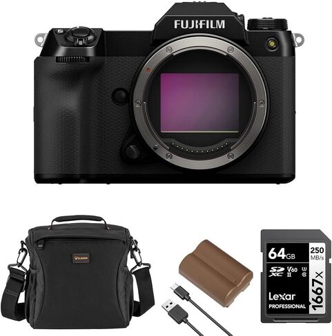 كاميرا Fujifilm GFX 100S II متوسطة الحجم بدون مرآة، سوداء، حزمة مع بطارية NP-W235، وبطاقة ذاكرة UHS-II سعة 64 جيجابايت وحقيبة كتف in Saudi Arabia