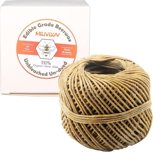 MILIVIXAY Hemp Wick with Natural Beeswax Coating, Edible Grade Beeswax, 200 FT Spool, Standard Size (1.0mm),Unbleached, Un-Dyed and 100% Organic. in Kuwait