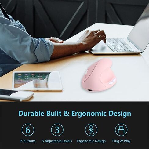 2.4G Vertical Wireless Mouse with USB Receiver, Ergonomic Vertical Design, Rechargeable Silent Portable Vertical Mice for laptop, Pc, Computer, Desktop, Notebook etc(Pink) in Saudi Arabia