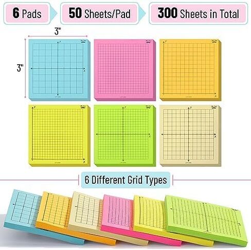 Mr. Pen- Graph Paper Sticky Notes, 6 Pads, 3x3 Inch, Graph Sticky Notes, Math Graph Paper, Graphing Sticky Notes, Grid Sticky Notes, Grid Notepad, Mini Graph Paper in Kuwait