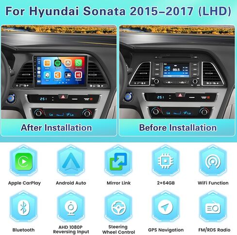 2+64G لسيارة Hyundai Sonata 2015-2017 (LHD) Android 13 ستيريو للسيارة مع Carplay اللاسلكي Android Auto Mirror Link، راديو بشاشة لمس 9 بوصات WiFi/GPS/FM/RDS/Bluetooth/SWC/ميكروفون كاميرا احتياطية ليلية مقاومة للماء in Saudi Arabia