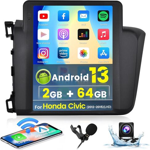 Roinvou [2G+64G] لسيارة Honda Civic 2012-2015 (LHD) راديو السيارة مع Carplay اللاسلكي/Android Auto، 9.7 بوصة Android 13 IPS شاشة لمس ستيريو للسيارة، بلوتوث، GPS، WiFi، SWC، HiFi + AHD كاميرا احتياطية in Saudi Arabia