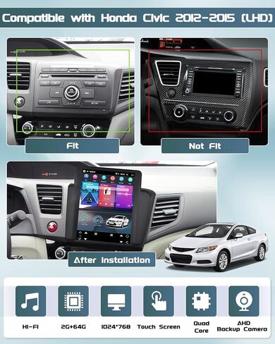 Roinvou [2G+64G] لسيارة Honda Civic 2012-2015 (LHD) راديو السيارة مع Carplay اللاسلكي/Android Auto، 9.7 بوصة Android 13 IPS شاشة لمس ستيريو للسيارة، بلوتوث، GPS، WiFi، SWC، HiFi + AHD كاميرا احتياطية in Saudi Arabia