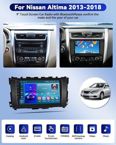 راديو سيارة CamECHO 2+64G Android 13 لسيارة Nissan Altima 2013-2018، Carplay لاسلكي/Android Auto 9 بوصة IPS شاشة تعمل باللمس ستيريو سيارة مع بلوتوث/GPS Navi WiFi + كاميرا احتياطية AHD + ميكروفون in Saudi Arabia