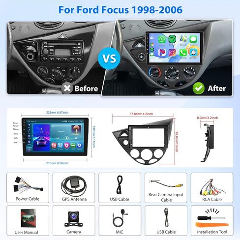 2G+64G Android Car Stereo Radio for Ford Focus 1998-2006 Carplay, Rimoody 9 Inch Touch Screen GPS Bluetooth FM WiFi Android Auto Mirror Link Backup Camera in Saudi Arabia