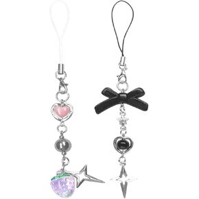 1-4PCS Cute Phone Charms Aesthetic Y2K Cell Phone Charms Strap Pink Strawberry Butterfly Star Phone Charm Y2K Accessories for Phone Bag Keychain Airpods Camera Pendants Decor (2PCS Heart Bear)