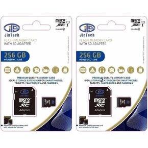 256 GB Micro SD Card Memory. 2 Pack + Adapter. U3, 4K Class 10. SDXC Read Speed 100 mbs. Expandable Storge for Phones, Tablets, PC, MAC, Cameras and Other Devices.