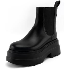 KaroNairy Women's Chelsea Boots Platform Ankle Boots Slip on Boots Round Toe Lug Sole Short Boots Black