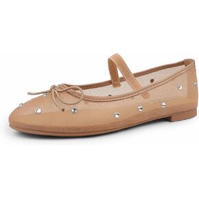 JOY IN LOVE Mesh Ballet Flats for Women Slip on Round Toe Ballerina Shoes with Rhinestone and Bow Nude US6