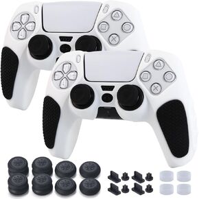 Non-Slip Handle Protective Skins for PS5 Controller x 2(White+Black) with Thumb Grips x 8, Plugs x 8, Anolog Protectors x 4