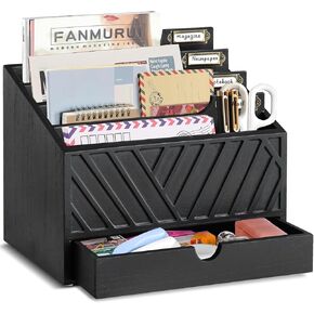 Desktop Mail Organizer with 4 Large Compartments and Drawer, Wood Mail Holder Sorter Organizer Holder,Countertop Desk Office Accessories Organizer for File Letter Paper Folder, Desk Drawer Organizer