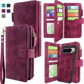 Harryshell Detachable Wallet Leather Case Compatible with Google Pixel 9 Pro XL 6.8" 2024 Magnetic Phone Case Zipper with Cash Coin Pocket Multi Card Slots Holder Wrist Strap Lanyard (Flower Wine Red)