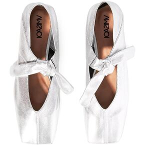 VIMISAOI Square Toe Ballerina Shoes for Women Bow Knots Ballet Flats Mary Jane Flats Slip On Bowtie Strap Flats Silver