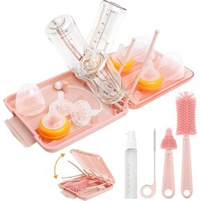 Travel Baby Bottle Drying Rack Set with Extendbale Protable Silicone Bottle Brush, Nipple Cleaner Brush,Straw Brush Compact Size Baby Essential for Newborn & Moms (White)