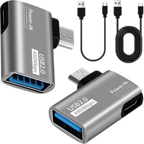 2-in-1 Powered Micro USB to USB Adapter 2 Pack, 90 Degree (Left + Right) Angled Micro USB 2.0 OTG Aluminum Shells Adapter with Micro USB Charging Port for Fire Stick 4K /Host Devices/PS Classic