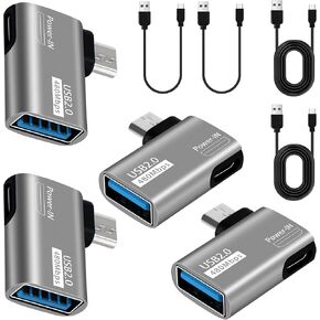 2-in-1 Powered Micro USB to USB Adapter 2 Pack, 90 Degree (Left + Right) Angled Micro USB 2.0 OTG Aluminum Shells Adapter with Micro USB Charging Port for Fire Stick 4K /Host Devices/PS Classic