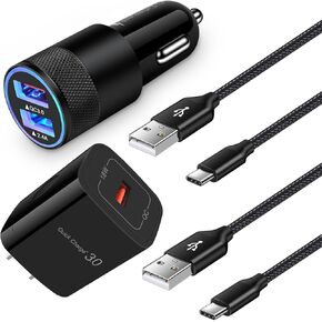 Quick Charge 3.0 Fast Charger Kit for Samsung Galaxy S24 A14 A54 S23 S22 S21 S20 A15 A13 Z Fold/Flip 5,Google Pixel 8 7 6 Pro 7a 6a 5,Wall Charger Block+Car Charger Adapter+2X Nylon Type C Cable(6ft)
