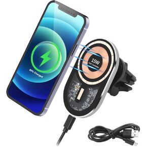 شاحن سيارة لاسلكي، شحن سريع بقدرة 15 وات، لشاحن السيارة Magsafe، حامل فتحة تهوية تلقائية متوافق مع هواتف iPhone 13/12 Series والحافظات المغناطيسية، أسود in Kuwait