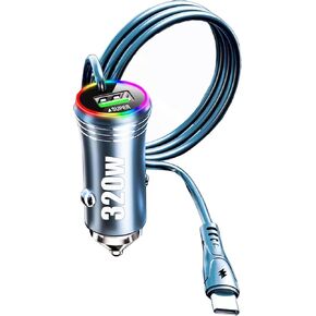Super Fast USB Car Phone Charger Adapter with 3.3ft USB C Cable, Metal Body 2 in 1 Cigarette Lighter USB Charger with PD Line for iPhone 15 Pro Max Plus iPad Samsung Galaxy Android Phone