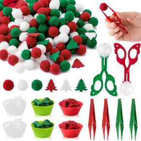 Christmas Fine Motor Toys - 270Pcs Winter Counting Sorting Sensory Bin Filler Set for Kids Xmas Counting Toy with Felt Christmas Tree Pom Poms Cup Clip for Preschool Education Activities