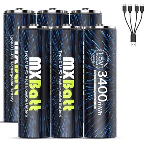 AAA Rechargeable Battery USB C 1.5V 1200mWh High Capacity,Rechargeable AAA Batteries Lithium 6-Pack with USB C Port Cable 1500 Cycles