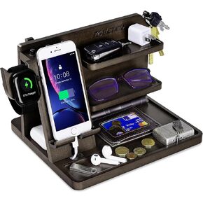 Nightstand Organizer, Wood Phone Docking Station with Adjustable Rack, Bedside Desk Organizer, EDC Tray for Men, Dads, Husbands – Ideal for Anniversaries and Birthdays - Dark Brown