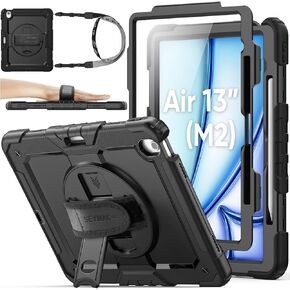 SEYMAC stock Case for iPad Air 13 inch M2 Case Air 6th Generation 2024, Heavy Duty Protective Case with Pencil Holder Screen Protector, 360 Rotate Stand, Adjustable Hand Strap/Shoulder Strap, Black