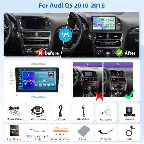 راديو ستيريو للسيارة 2G 64G Android لسيارة Audi Q5 2010-2018، Rimoody شاشة لمس 9 بوصة لاسلكية CarPlay Android Auto Mirror Link Bluetooth FM/RDS GPS WiFi HiFi SWC كاميرا احتياطية in Saudi Arabia