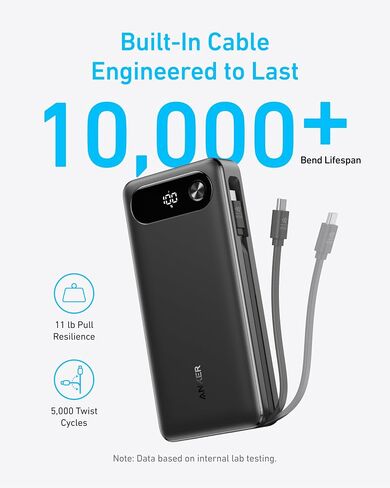 Anker Power Bank, 20,000mAh Portable Charger with Built-in USB-C Cable, 87W Max Fast Charging Battery Pack, 2 USB-C and 1 USB-A, for MacBook, iPhone 15 Series, Samsung, Switch, and More in Saudi Arabia