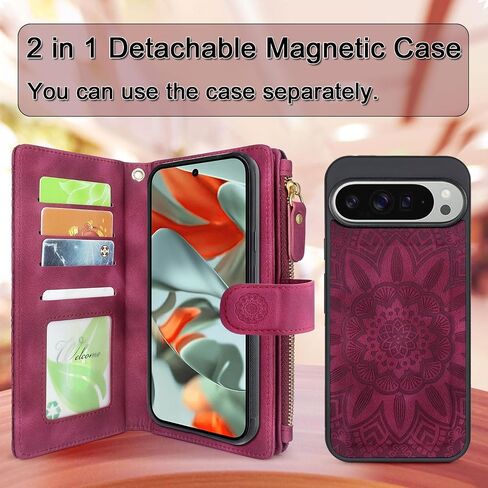 Harryshell Detachable Wallet Leather Case Compatible with Google Pixel 9 Pro XL 6.8" 2024 Magnetic Phone Case Zipper with Cash Coin Pocket Multi Card Slots Holder Wrist Strap Lanyard (Flower Wine Red) in Kuwait