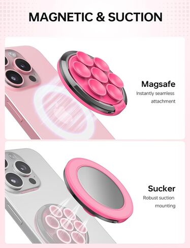 Magnetic Suction Cup Phone Ring Grip, Phone Suction Grip for MagSafe with Adjustable Ring Stand, Hands-Free Suction Phone Case for iPhone 15/14/13/12 Series for Make Up & Selfies Pink in Saudi Arabia