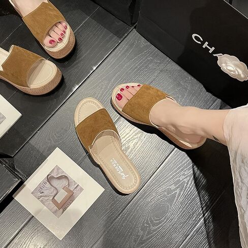 EFTCAL Women Open Toe Suede Platform Sandal,Comfort Slip On Backless Espadrille Wedge Sandals with Arch Support,Casual Fashion Non-Slip Beach Slide in Saudi Arabia