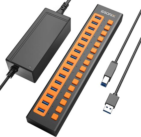 موزع USB 3.0 من iDsonix، 16 منفذ 12 فولت / 6.5 أمبير يعمل بالطاقة USB Hub BC1.2 (5V2.4A) شحن سريع 5 جيجابت في الثانية نقل عالي السرعة مع مفاتيح فردية مقسم USB من سبائك الألومنيوم لأجهزة الكمبيوتر المحمول والكمبيوتر الشخصي والأقراص الصلبة وSSD والمزيد in Kuwait