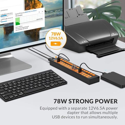 موزع USB 3.0 من iDsonix، 16 منفذ 12 فولت / 6.5 أمبير يعمل بالطاقة USB Hub BC1.2 (5V2.4A) شحن سريع 5 جيجابت في الثانية نقل عالي السرعة مع مفاتيح فردية مقسم USB من سبائك الألومنيوم لأجهزة الكمبيوتر المحمول والكمبيوتر الشخصي والأقراص الصلبة وSSD والمزيد in Kuwait