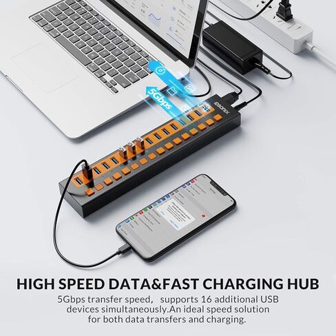 موزع USB 3.0 من iDsonix، 16 منفذ 12 فولت / 6.5 أمبير يعمل بالطاقة USB Hub BC1.2 (5V2.4A) شحن سريع 5 جيجابت في الثانية نقل عالي السرعة مع مفاتيح فردية مقسم USB من سبائك الألومنيوم لأجهزة الكمبيوتر المحمول والكمبيوتر الشخصي والأقراص الصلبة وSSD والمزيد in Kuwait
