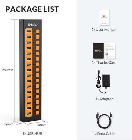 موزع USB 3.0 من iDsonix، 16 منفذ 12 فولت / 6.5 أمبير يعمل بالطاقة USB Hub BC1.2 (5V2.4A) شحن سريع 5 جيجابت في الثانية نقل عالي السرعة مع مفاتيح فردية مقسم USB من سبائك الألومنيوم لأجهزة الكمبيوتر المحمول والكمبيوتر الشخصي والأقراص الصلبة وSSD والمزيد in Kuwait