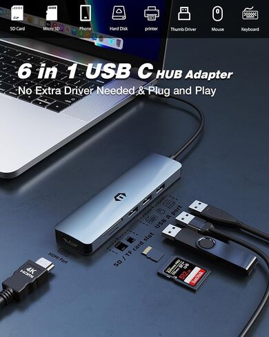 محور USB C، محول USB C 6 في 1، USB 3.0، 4K HDMI، 2 منافذ USB 2.0، قارئ بطاقة SD/TF، ​​محطة إرساء متوافقة مع Mac Pro/Air والمزيد in Saudi Arabia