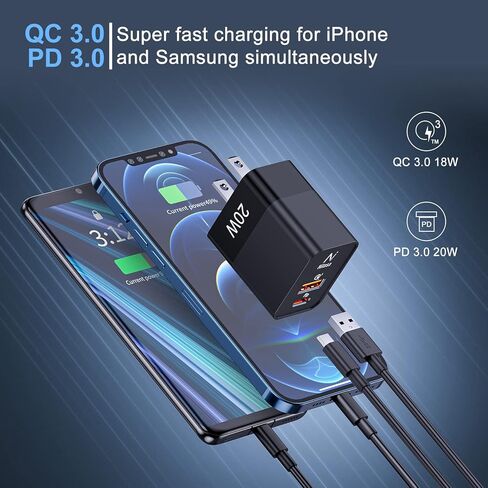 شاحن حائط USB C بقدرة 20 واط، NITASA 2-Pack ثنائي المنافذ سريع PD+QC 3.0 قابس كتلة شاحن لهاتف iPhone 14/13/12 14 Pro Max SE iPad Magsafe Galaxy Pixel، محول طاقة USB C شحن سريع لهاتف iPhone 13/14 Pro Max in Kuwait