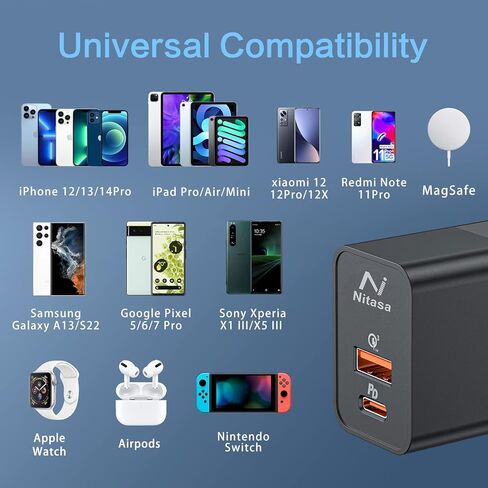 شاحن حائط USB C بقدرة 20 واط، NITASA 2-Pack ثنائي المنافذ سريع PD+QC 3.0 قابس كتلة شاحن لهاتف iPhone 14/13/12 14 Pro Max SE iPad Magsafe Galaxy Pixel، محول طاقة USB C شحن سريع لهاتف iPhone 13/14 Pro Max in Kuwait