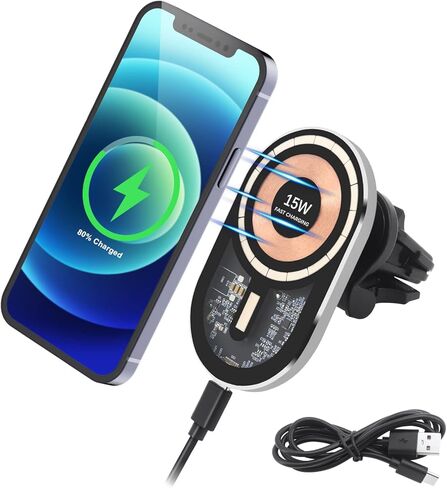 شاحن سيارة لاسلكي، شحن سريع بقدرة 15 وات، لشاحن السيارة Magsafe، حامل فتحة تهوية تلقائية متوافق مع هواتف iPhone 13/12 Series والحافظات المغناطيسية، أسود in Kuwait