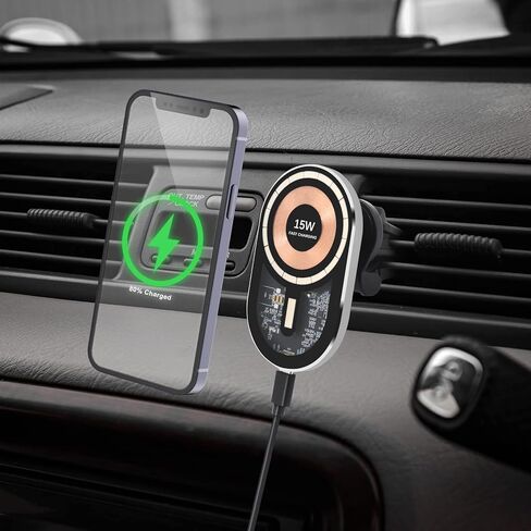 شاحن سيارة لاسلكي، شحن سريع بقدرة 15 وات، لشاحن السيارة Magsafe، حامل فتحة تهوية تلقائية متوافق مع هواتف iPhone 13/12 Series والحافظات المغناطيسية، أسود in Kuwait