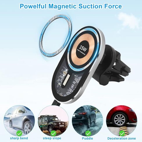 شاحن سيارة لاسلكي، شحن سريع بقدرة 15 وات، لشاحن السيارة Magsafe، حامل فتحة تهوية تلقائية متوافق مع هواتف iPhone 13/12 Series والحافظات المغناطيسية، أسود in Kuwait