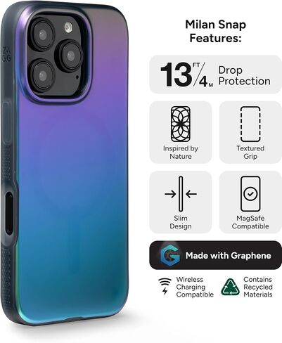 ZAGG Milan Snap Case for iPhone 16 Pro - Color Changing Finish, MagSafe & Wireless Charging Compatible, 13ft Drop Protection, Graphene Reinforced, Eco-Friendly, Matte Iridescent in Saudi Arabia
