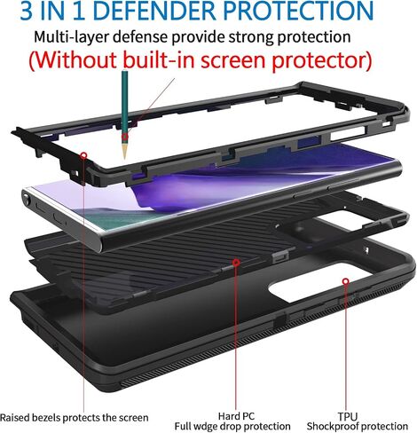 Anloes Case for Samsung Galaxy Note 20 5G, Phone Case Heavy Duty Shockproof Rugged Defender Protective, 3 in 1 Bumper Cover(Without Built-in Screen Protector) (Black) in Saudi Arabia