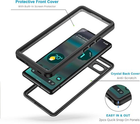 Lanhiem for Google Pixel 6 Case, IP68 Waterproof Dustproof with Built-in Screen Protector, Heavy Duty Full Body Protective Phone Case for Pixel 6, Black/Clear in Saudi Arabia