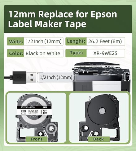 LK-4WBN SS12KW Label Tape Replace for Epson Label Maker Tape LC-4WBN LC 4WBN9 12mm 1/2" Black on White 0.47" Compatible with Epson LabelWorks LW300 LW400 LW500 Label Maker, 6-Pack in Saudi Arabia