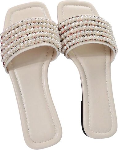 OYOANGLE Women's Pearl Rhinestone Decor Square Open Toe Sandals Slip on Dressy Leather Slides Sandals in Saudi Arabia